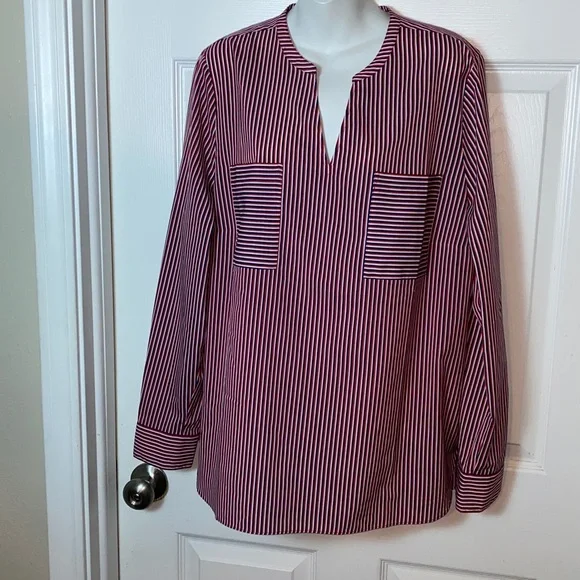 Cabi Franklin Patriot Striped Split Neck Long Sleeve Blouse Red White Blue XL - Picture 3 of 9